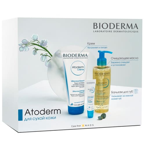 Bioderma Атодерм Набор для сухой кожи: Крем без помпы 200 мл. + Масло для душа 200 мл. + Бальзам для губ 15 мл.